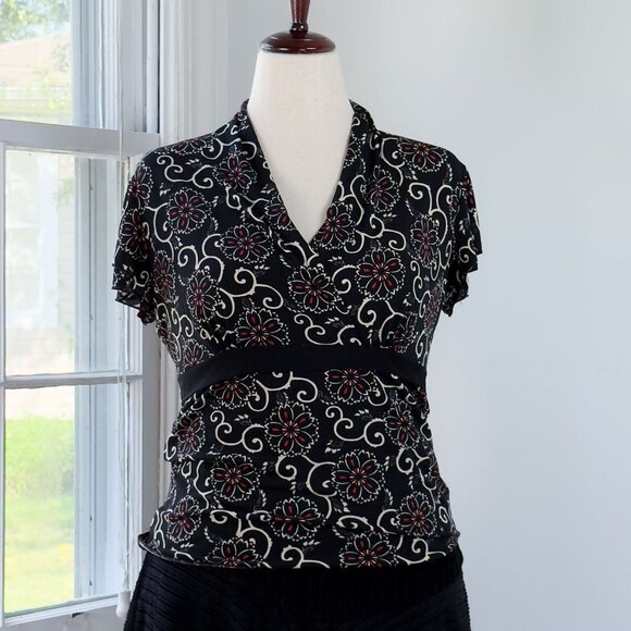 Vintage 90s Perseption Concept Mandala Black Blouse Medium Office Stretch - Picture 1 of 10